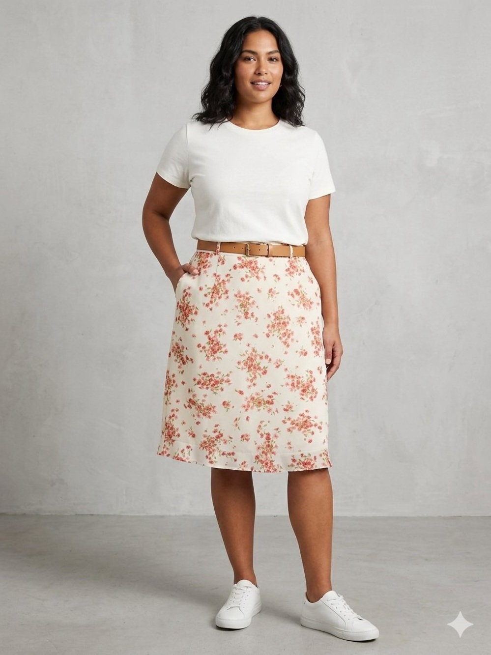 Liz Claiborne Cream Midi Skirt with Pink/Coral Floral Print